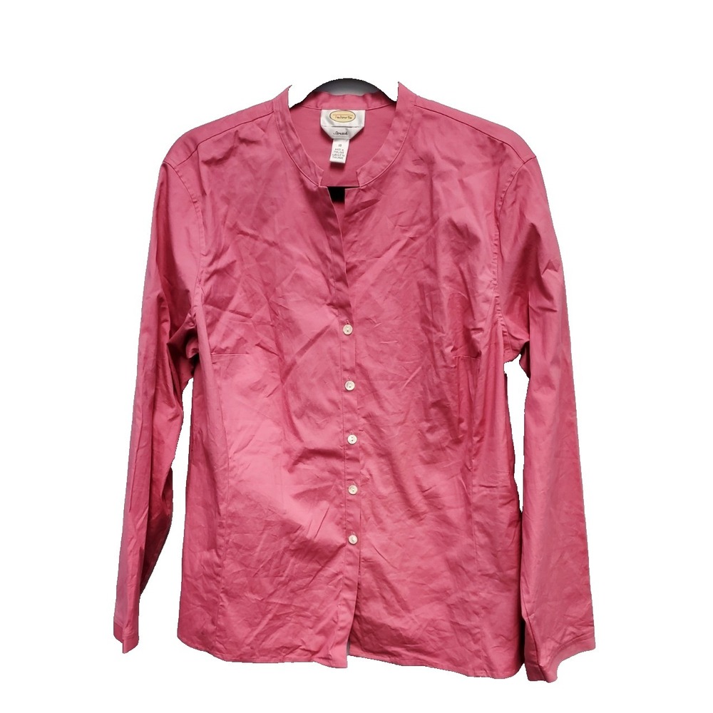 Talbots Womens 16 Stretch Mandarin Collar Button Top Blouse Pink Cotton Tunic